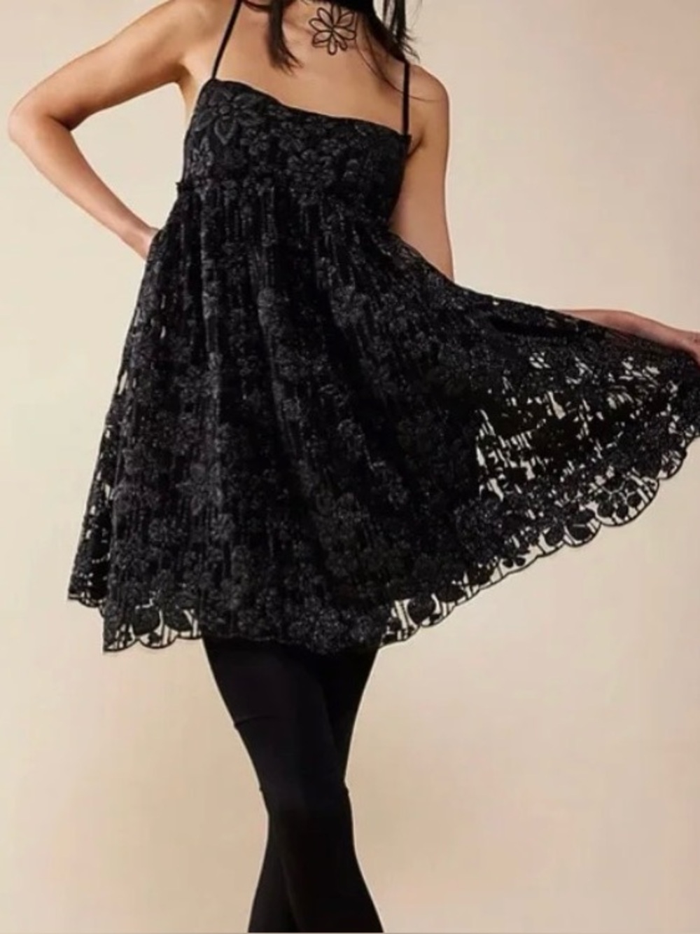 Free People All That Glitters Shimmery Black Lace Mini Dress — Size M
